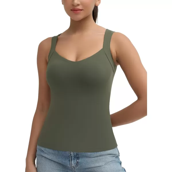 imageTHE GYM PEOPLE Womens Scoop Neck Workout Tank Tops Cute Double Layer Basic Sleeveless Slim fit ShirtsOlive Green