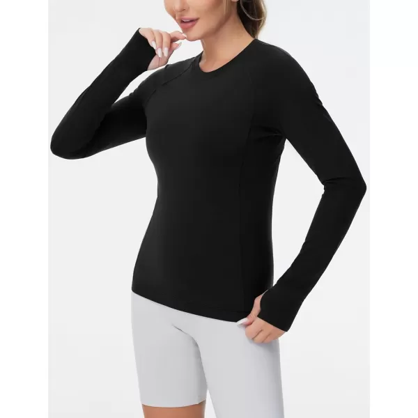 imageTHE GYM PEOPLE Womens Soft Slim Fit Workout Shirts Long Sleeves Crewneck Yoga Athletic Running Tops with Thumb HoleBlack