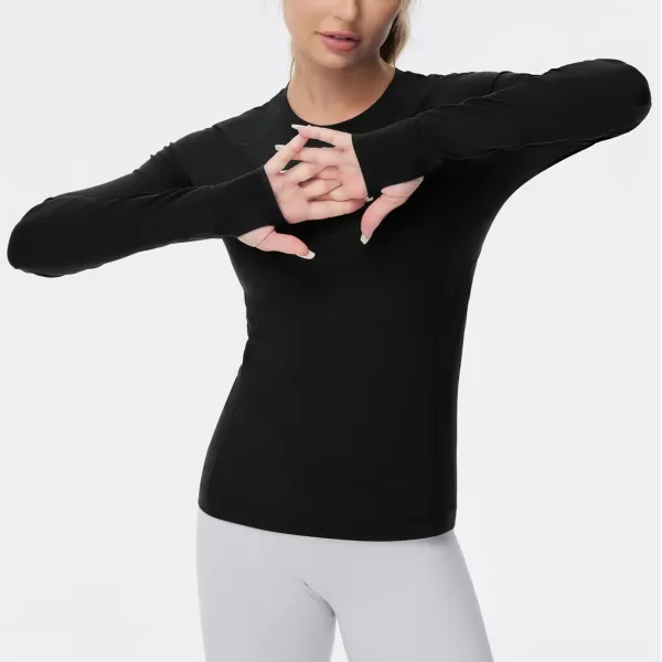 imageTHE GYM PEOPLE Womens Soft Slim Fit Workout Shirts Long Sleeves Crewneck Yoga Athletic Running Tops with Thumb HoleBlack
