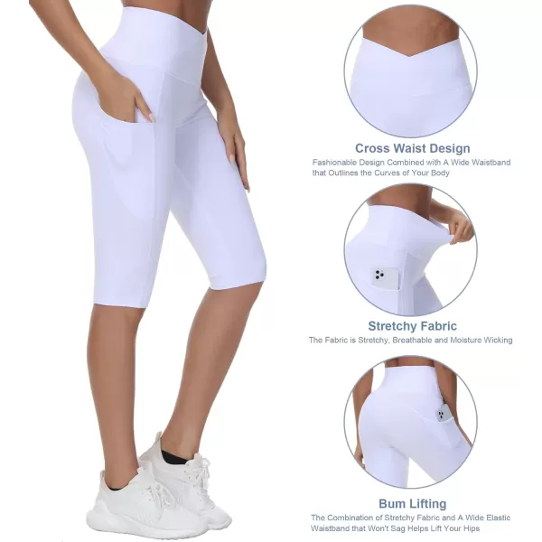 imageWomens Knee Length Workout Capris Leggings Cross Waisted Lounge Yoga Pants with Pockets White