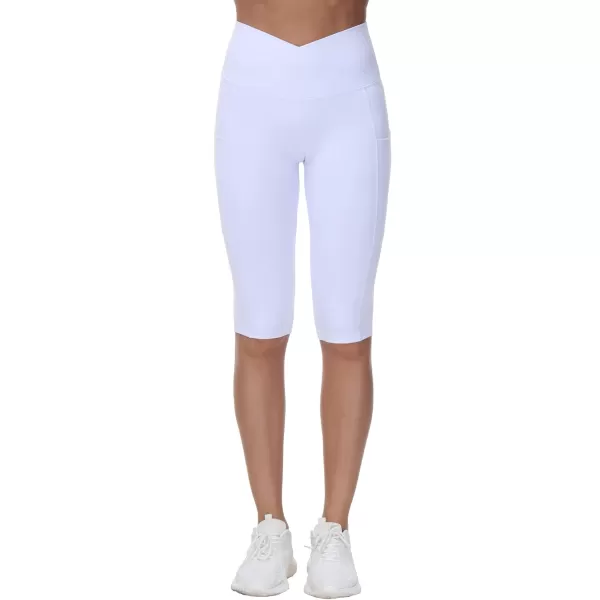 imageWomens Knee Length Workout Capris Leggings Cross Waisted Lounge Yoga Pants with Pockets White