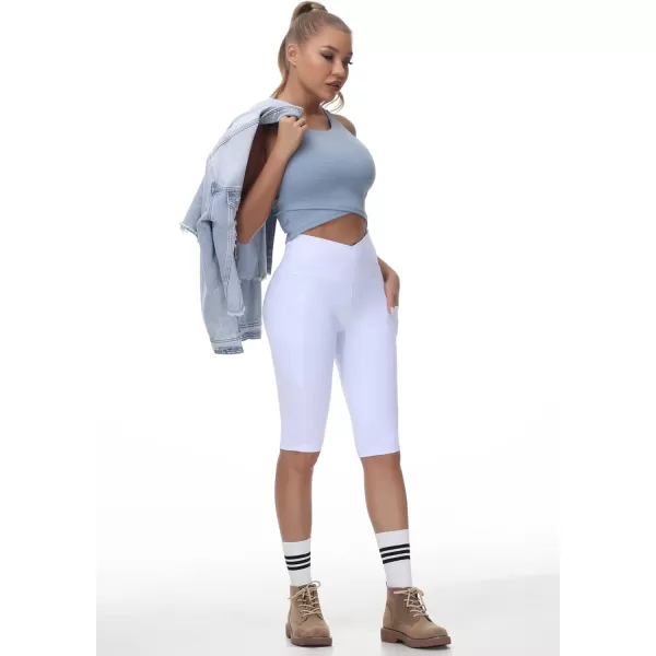 imageWomens Knee Length Workout Capris Leggings Cross Waisted Lounge Yoga Pants with Pockets White
