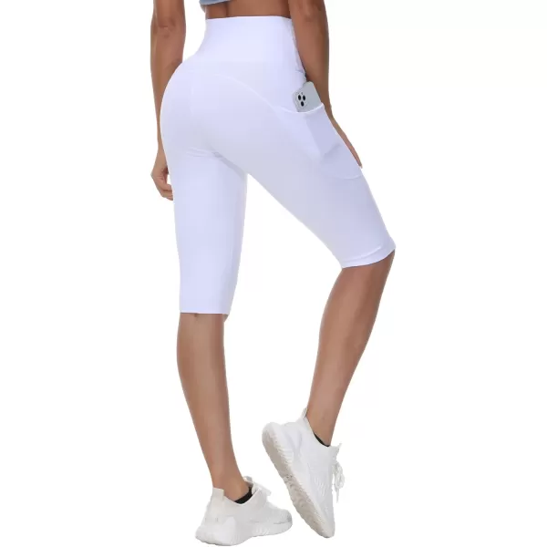 imageWomens Knee Length Workout Capris Leggings Cross Waisted Lounge Yoga Pants with Pockets White