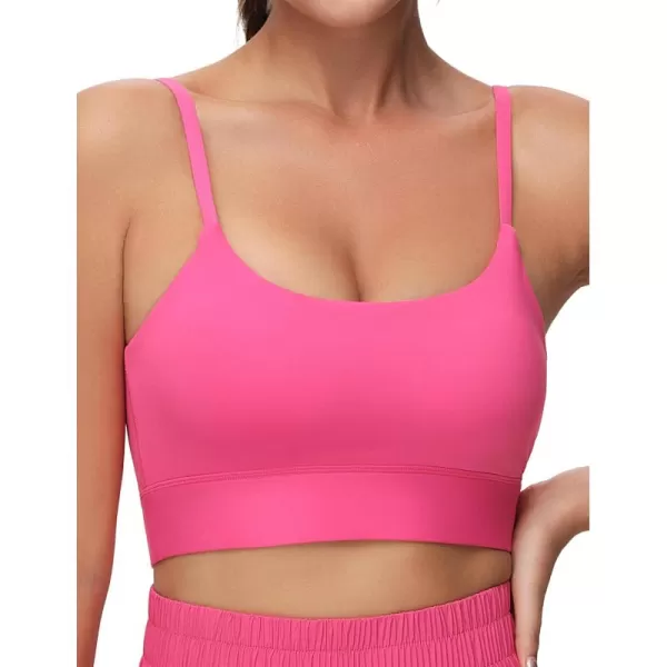 imageTHE GYM PEOPLE Womens Adjustable Longline Sports Bras Scoop Neck Padded Wireless Workout Yoga TopsBright Pink