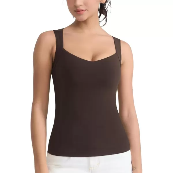 imageTHE GYM PEOPLE Womens Scoop Neck Workout Tank Tops Cute Double Layer Basic Sleeveless Slim fit ShirtsBrown