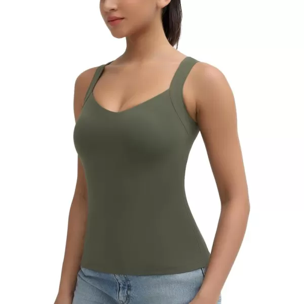 imageTHE GYM PEOPLE Womens Scoop Neck Workout Tank Tops Cute Double Layer Basic Sleeveless Slim fit ShirtsOlive Green