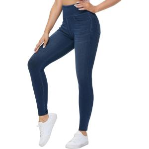 imageTHE GYM PEOPLE Womens High Waisted Jeggings Pants Stretchy Tummy Control Skinny Jean Leggings with PocketsDark Blue
