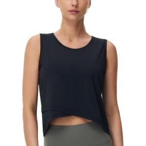 imageTHE GYM PEOPLE Womens Workout Crop Tank Tops Sleeveless Cross Hem Loose Fit Athletic Yoga ShirtsBlack