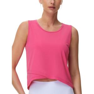 imageTHE GYM PEOPLE Womens Workout Crop Tank Tops Sleeveless Cross Hem Loose Fit Athletic Yoga ShirtsBright Pink
