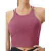 imageTHE GYM PEOPLE Womens Cross Back Sports Bra Halter Neck Workout Crop Tank Tops with Removable PadsRose Red