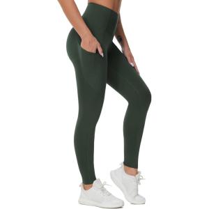 imageTHE GYM PEOPLE Thick High Waist Yoga Pants with Pockets Tummy Control Workout Running Yoga Leggings for WomenDeep Green