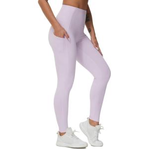 imageTHE GYM PEOPLE Thick High Waist Yoga Pants with Pockets Tummy Control Workout Running Yoga Leggings for WomenPink Purple