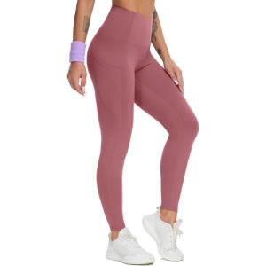 imageTHE GYM PEOPLE Thick High Waist Yoga Pants with Pockets Tummy Control Workout Running Yoga Leggings for WomenRose Red