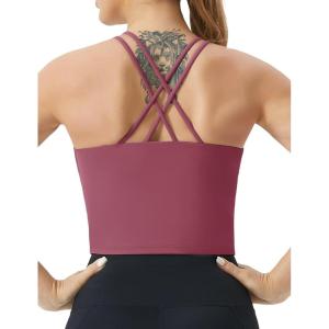 imageTHE GYM PEOPLE Womens Cross Back Sports Bra Halter Neck Workout Crop Tank Tops with Removable PadsRose Red