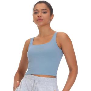imageTHE GYM PEOPLE Womens Square Neck Longline Sports Bra Workout Removable Padded Yoga Crop Tank TopsDenim Blue