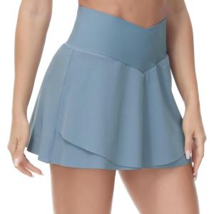 imageTHE GYM PEOPLE Womens Cross Waist Tennis Skirts with Cutting Hem Golf Skorts with Inner Mesh Pockets ShortsDenim Blue