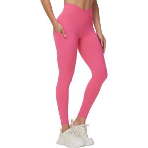 imageTHE GYM PEOPLE Womens Cross Waist Workout Leggings Tummy Control High Waisted Athletic Yoga Pants with PocketsBright Pink