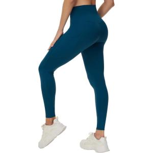 imageTHE GYM PEOPLE Womens Cross Waist Workout Leggings Tummy Control High Waisted Athletic Yoga Pants with PocketsDark Blue Green