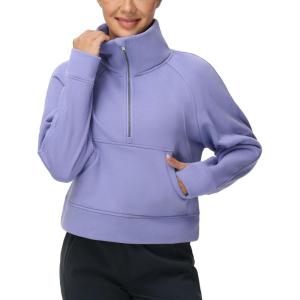imageTHE GYM PEOPLE Womens Half Zip Pullover Fleece Stand Collar Crop Sweatshirt with Pockets Thumb HoleLavender Purple