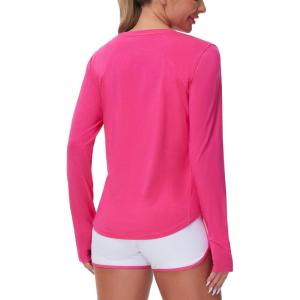 imageTHE GYM PEOPLE Womens Long Sleeve Workout Shirts Athletic Crewneck Hiking Tops with Thumb HoleBright Pink