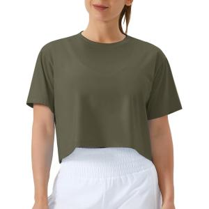 imageTHE GYM PEOPLE Womens Workout Crop Top TShirt Short Sleeve Boxy Yoga Running Cropped Basic TeeArmy Green