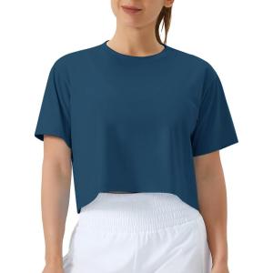 imageTHE GYM PEOPLE Womens Workout Crop Top TShirt Short Sleeve Boxy Yoga Running Cropped Basic TeeDark Blue Green