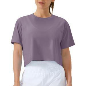 imageTHE GYM PEOPLE Womens Workout Crop Top TShirt Short Sleeve Boxy Yoga Running Cropped Basic TeeGrey Purple
