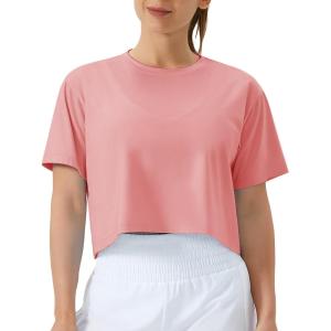 imageTHE GYM PEOPLE Womens Workout Crop Top TShirt Short Sleeve Boxy Yoga Running Cropped Basic TeeRose Red