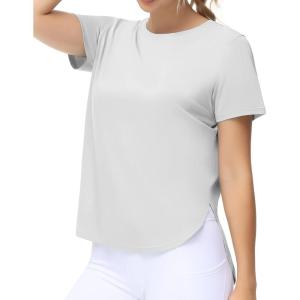 imageTHE GYM PEOPLE Womens Workout TShirts Loose Fit Short Sleeve Cotton Running Basic Tee Tops with Split HemBright Grey