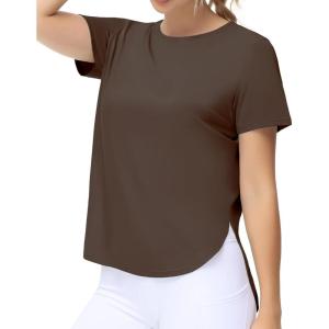 imageTHE GYM PEOPLE Womens Workout TShirts Loose Fit Short Sleeve Cotton Running Basic Tee Tops with Split HemBrown