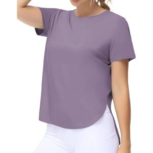 imageTHE GYM PEOPLE Womens Workout TShirts Loose Fit Short Sleeve Cotton Running Basic Tee Tops with Split HemGrey Purple