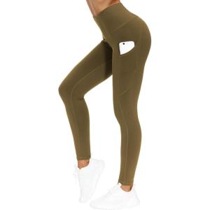imageTHE GYM PEOPLE Thick High Waist Yoga Pants with Pockets Tummy Control Workout Running Yoga Leggings for WomenGreen Brown