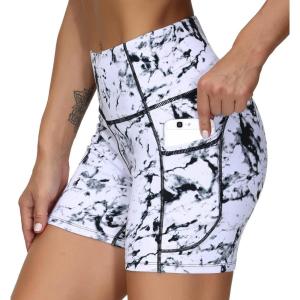 imageTHE GYM PEOPLE Womens High Waist Workout Shorts Breathable Dolphin Split Elastic Lounge Yoga ShortsMarble White