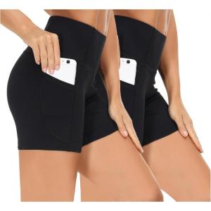imageTHE GYM PEOPLE 2 Pack Womens High Waist Workout Shorts with Deep Pockets Tummy Control Running Yoga ShortsBlackBlack