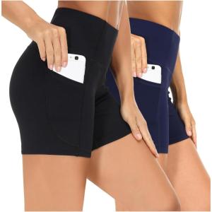 imageTHE GYM PEOPLE 2 Pack Womens High Waist Workout Shorts with Deep Pockets Tummy Control Running Yoga ShortsBlackBlue
