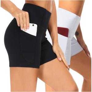 imageTHE GYM PEOPLE 2 Pack Womens High Waist Workout Shorts with Deep Pockets Tummy Control Running Yoga ShortsBlackWhite