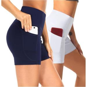 imageTHE GYM PEOPLE 2 Pack Womens High Waist Workout Shorts with Deep Pockets Tummy Control Running Yoga ShortsWhiteBlue
