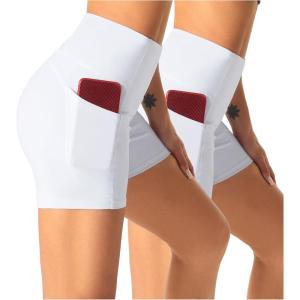imageTHE GYM PEOPLE 2 Pack Womens High Waist Workout Shorts with Deep Pockets Tummy Control Running Yoga ShortsWhiteWhite