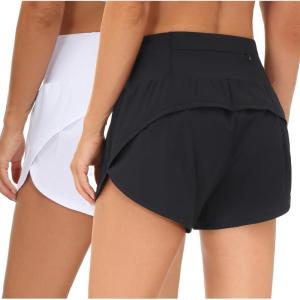 imageTHE GYM PEOPLE 2 Pack Womens High Waisted Running Shorts with Zipper Pockets Liner Quick Dry Athletic Workout ShortsBlackWhite