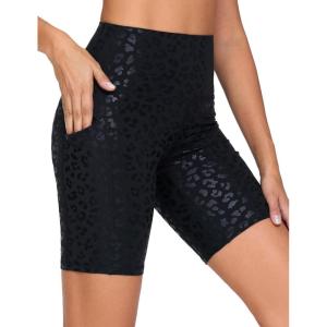 imageTHE GYM PEOPLE Womens High Waist Workout Shorts Stretchy Tummy Control Yoga Biker Running Shorts with PocketsBlack Leopard