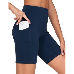 imageTHE GYM PEOPLE Womens High Waist Workout Shorts Stretchy Tummy Control Yoga Biker Running Shorts with PocketsBlue