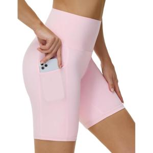 imageTHE GYM PEOPLE Womens High Waist Workout Shorts Stretchy Tummy Control Yoga Biker Running Shorts with PocketsLight Pink