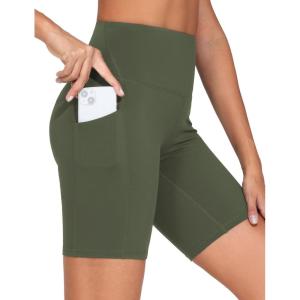 imageTHE GYM PEOPLE Womens High Waist Workout Shorts Stretchy Tummy Control Yoga Biker Running Shorts with PocketsOlive Green