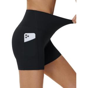 imageTHE GYM PEOPLE Womens High Waist Yoga Shorts 5quot Stretchy Tummy Control Biker Workout Running Short with Side PocketsBlack