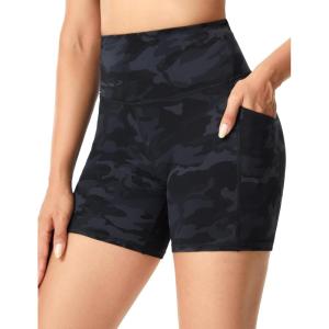 imageTHE GYM PEOPLE Womens High Waist Yoga Shorts 5quot Stretchy Tummy Control Biker Workout Running Short with Side PocketsBlack Camo
