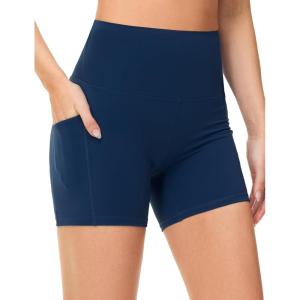 imageTHE GYM PEOPLE Womens High Waist Yoga Shorts 5quot Stretchy Tummy Control Biker Workout Running Short with Side PocketsBlue