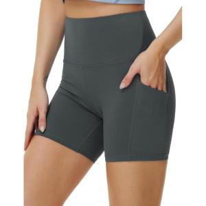 imageTHE GYM PEOPLE Womens High Waist Yoga Shorts 5quot Stretchy Tummy Control Biker Workout Running Short with Side PocketsDark Grey