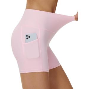 imageTHE GYM PEOPLE Womens High Waist Yoga Shorts 5quot Stretchy Tummy Control Biker Workout Running Short with Side PocketsLight Pink
