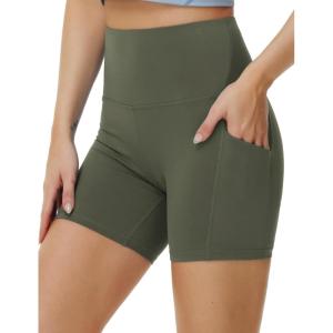imageTHE GYM PEOPLE Womens High Waist Yoga Shorts 5quot Stretchy Tummy Control Biker Workout Running Short with Side PocketsOlive Green
