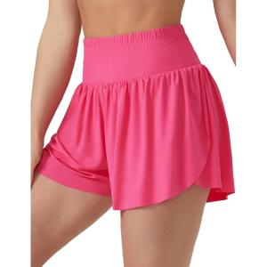 imageTHE GYM PEOPLE Womens High Waisted Flowy Running Shorts 2 in 1 Athletic Workout Skirt ShortsBright Pink